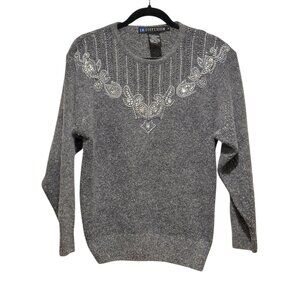 Vintage 80s Silk Angora Blend Gray Sequin Beaded Womens Holiday Sweater Medium